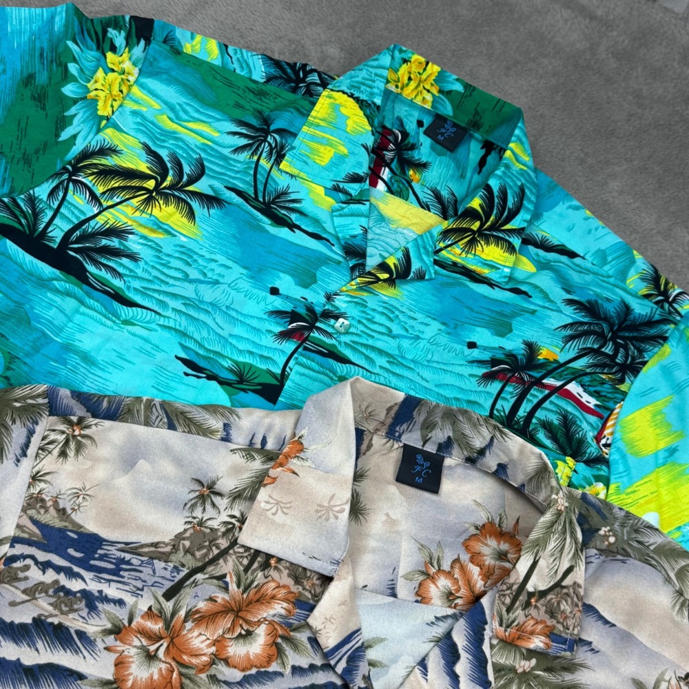 FC Hawaiian Shirts Bundle Mens M Turquoise Tan Excellent Tropical Island 2pk